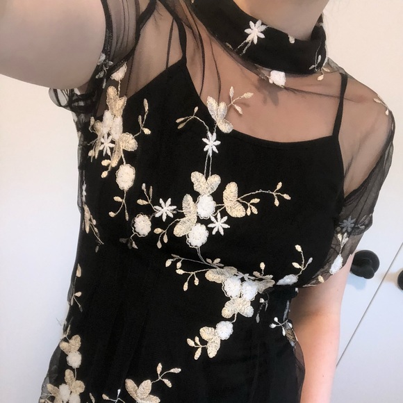 (219) Black Sheer Floral Mini Dress - Picture 15 of 16
